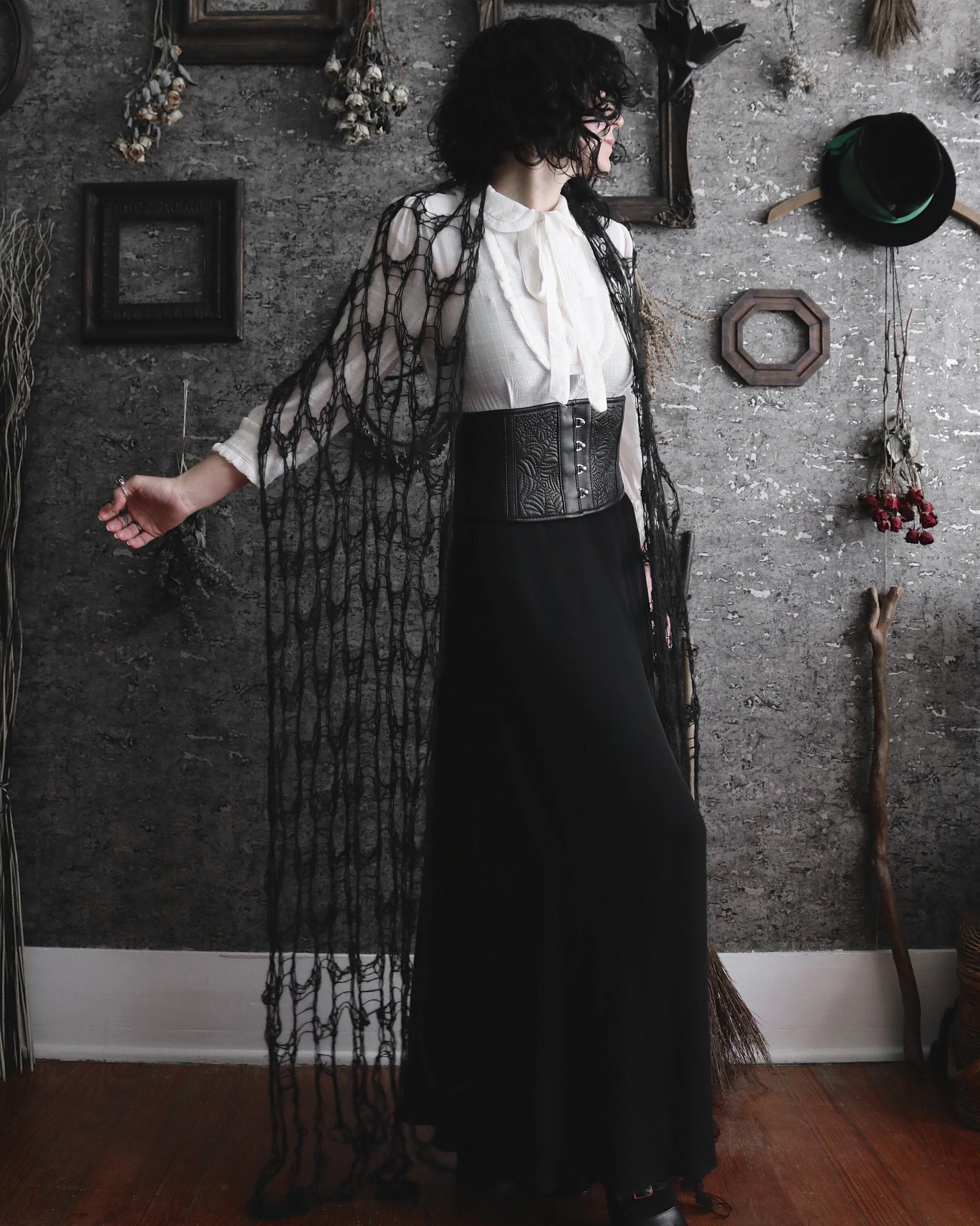 Pumpkin Spice Widow's Web Scarf - Gothic Knit Cobweb Shawl - Long Tattered Goth Autumn Wrap - Witchy Spiderweb Stole - Halloween Accessory