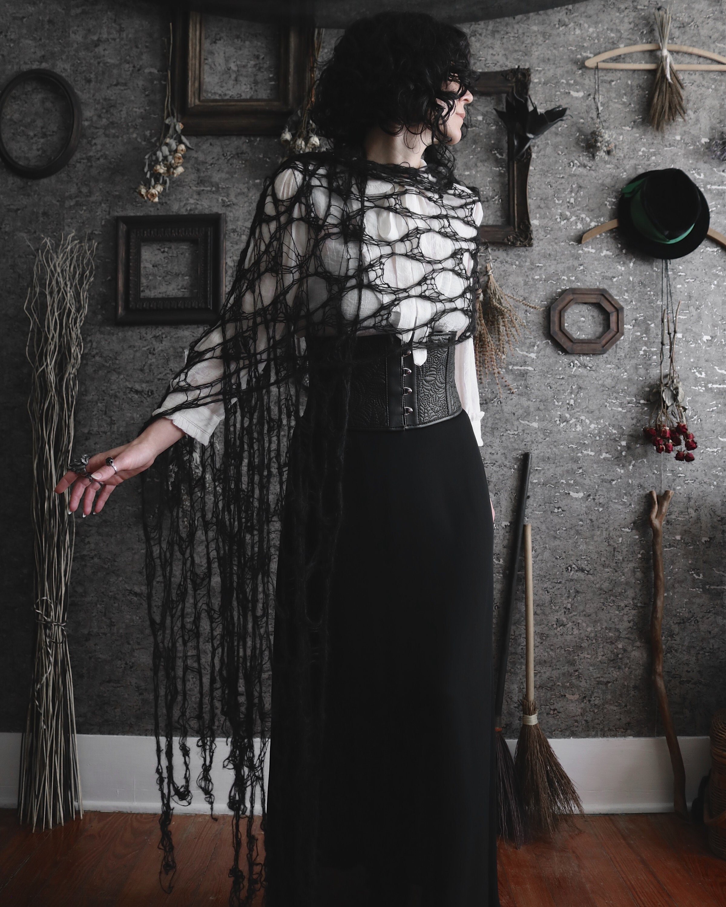 Pumpkin Spice Widow's Web Scarf - Gothic Knit Cobweb Shawl - Long Tattered Goth Autumn Wrap - Witchy Spiderweb Stole - Halloween Accessory