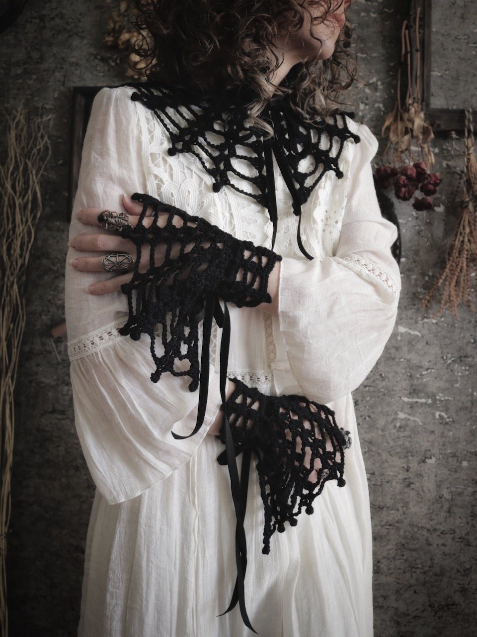 Requiem black victorian mourning collar and cuff set crochet.jpeg