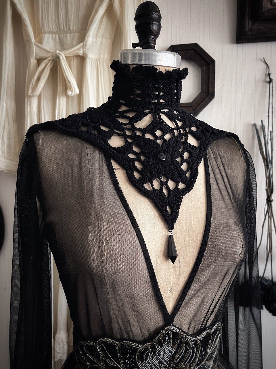 Nyx Black Beaded Crochet Collar - Gothic Victorian Mourning Choker Collar With Corset Lace-up Back and Faceted Beads