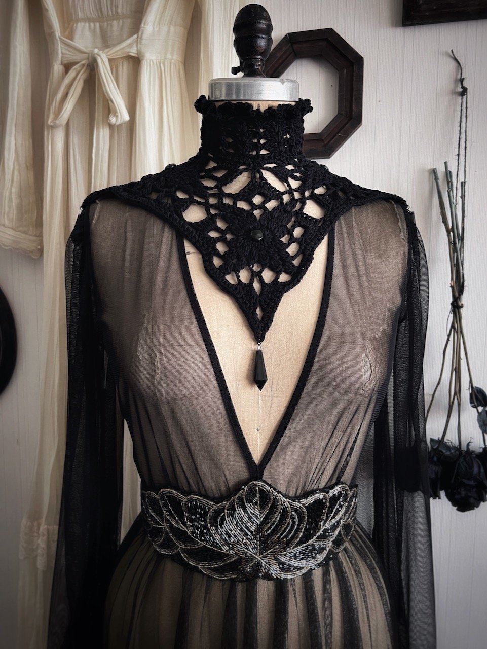 Nyx Black Beaded Crochet Collar - Gothic Victorian Mourning Choker Collar With Corset Lace-up Back and Faceted Beads