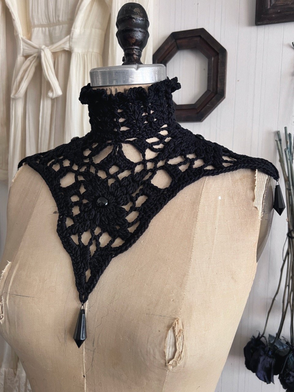 Nyx Black Beaded Crochet Collar - Gothic Victorian Mourning Choker Collar With Corset Lace-up Back and Faceted Beads
