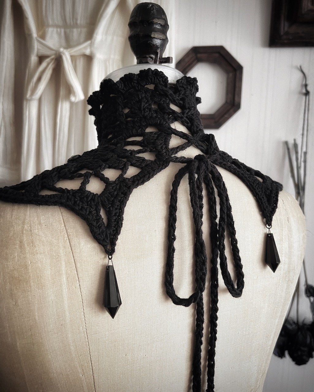 Nyx Black Beaded Crochet Collar - Gothic Victorian Mourning Choker Collar With Corset Lace-up Back and Faceted Beads