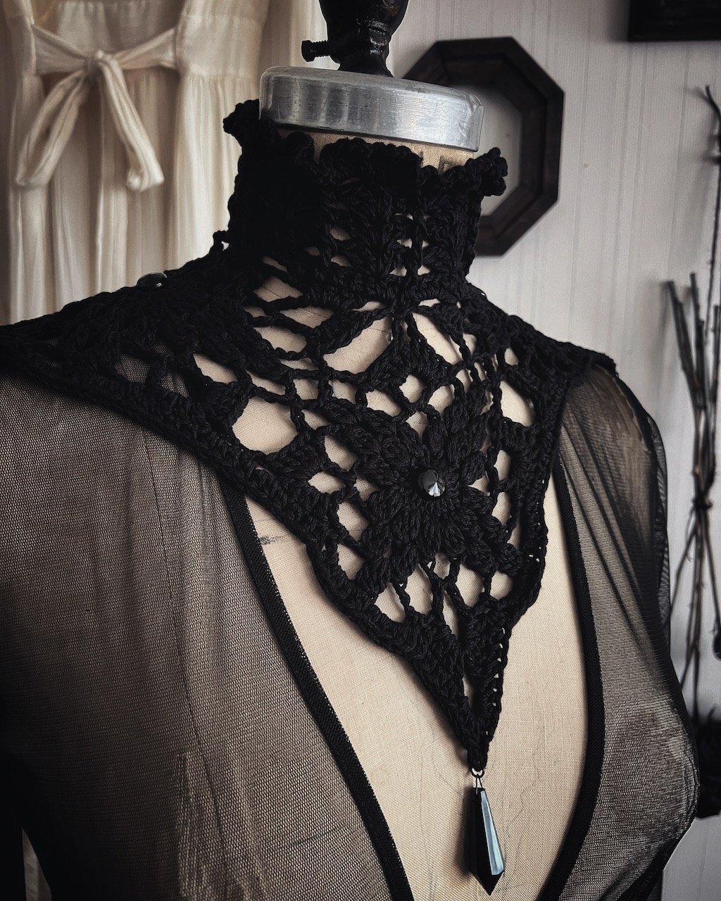 Nyx Black Beaded Crochet Collar - Gothic Victorian Mourning Choker Collar With Corset Lace-up Back and Faceted Beads