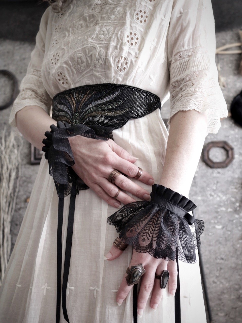 Floret victorian gothic black lace ruffle wrist cuffs.jpeg