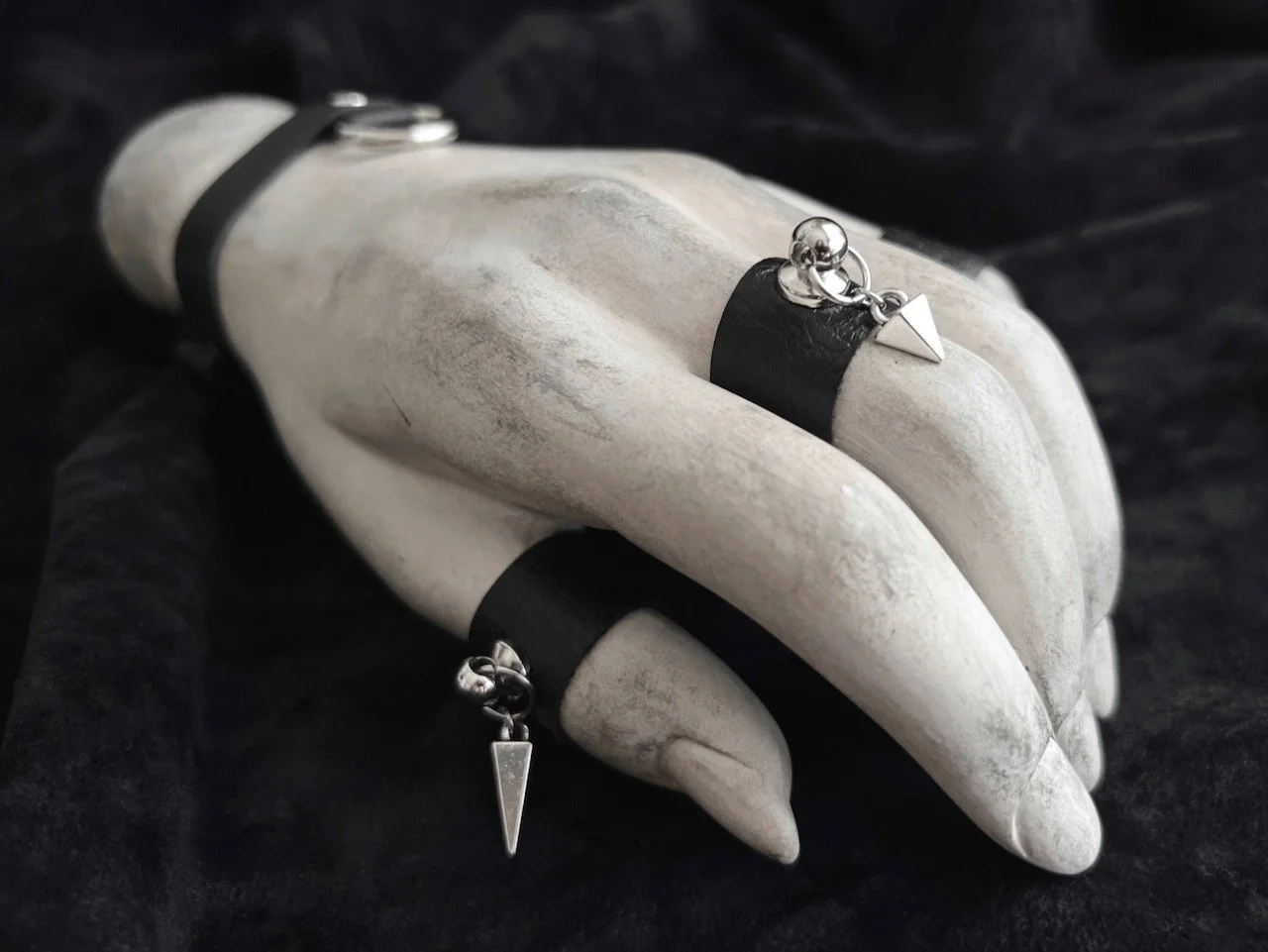 Mini Silver Spike Black Vegan Leather Ring - Wide Faux Leather Finger Cuff - Silver O-Ring With Pendulum Drop - Modern Black Goth Jewelry