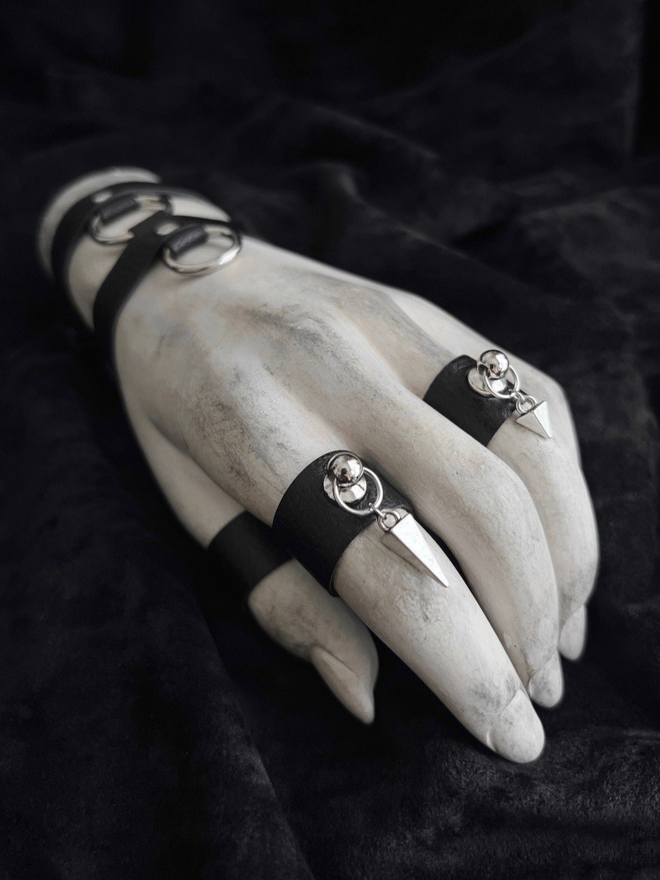 Mini Silver Spike Black Vegan Leather Ring - Wide Faux Leather Finger Cuff - Silver O-Ring With Pendulum Drop - Modern Black Goth Jewelry