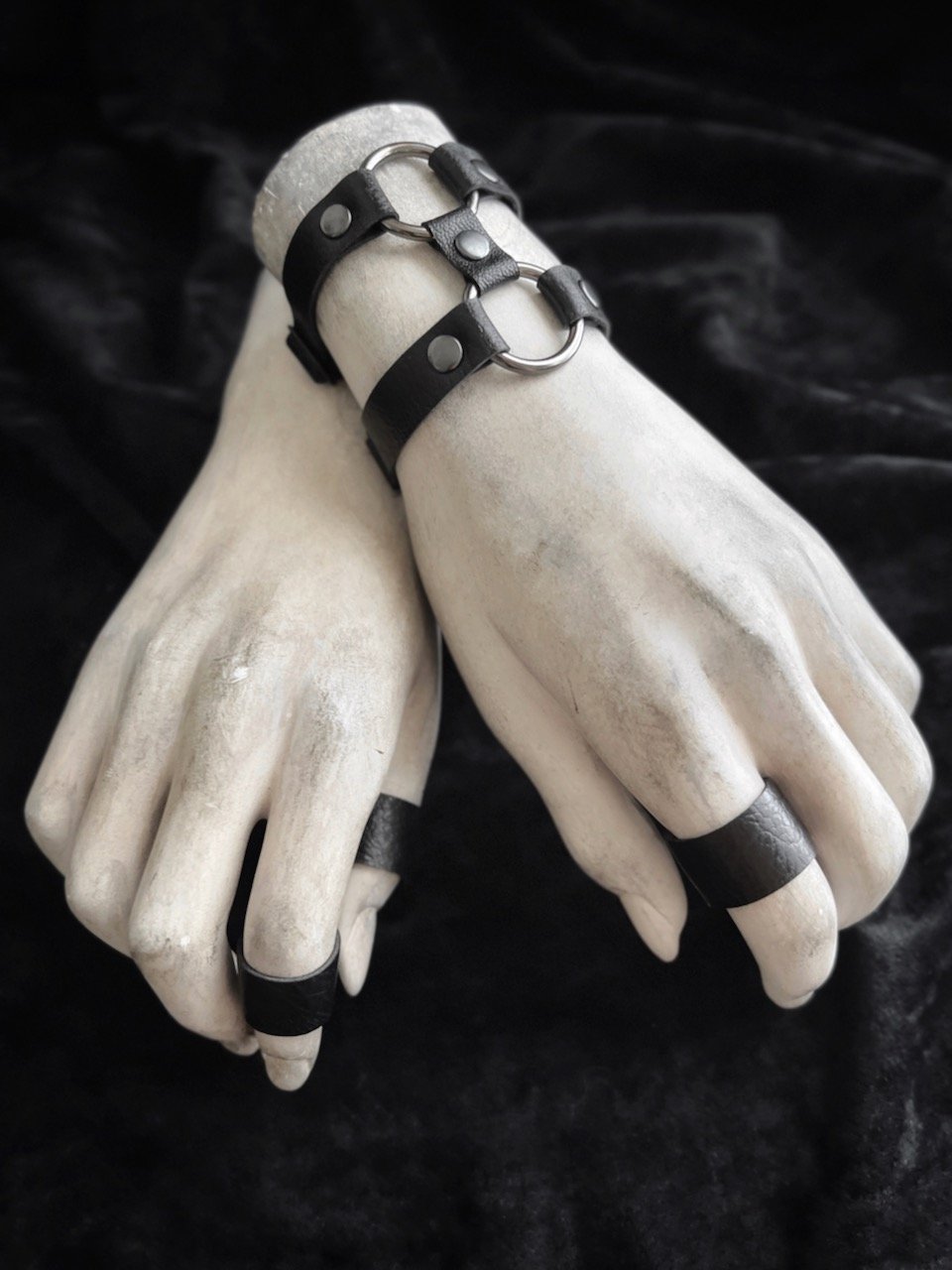 1/2" Wide Two Strap Black Vegan Leather Cuffs With Gunmetal O-Rings - Faux Leather Bracelets - Unisex Goth Faux Leather Black Arm Cuff Band