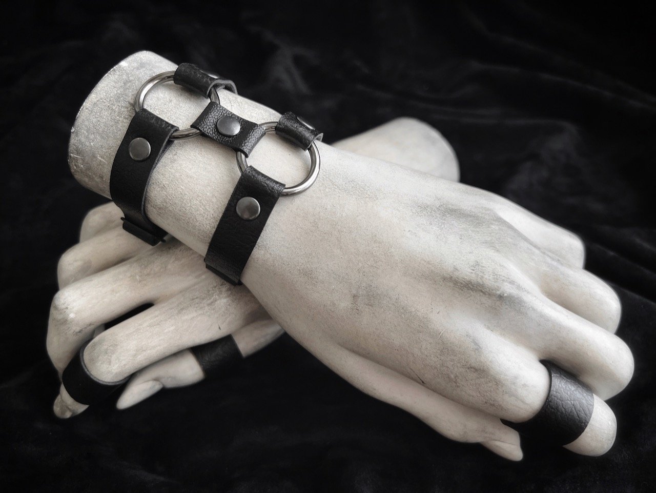 1/2" Wide Two Strap Black Vegan Leather Cuffs With Gunmetal O-Rings - Faux Leather Bracelets - Unisex Goth Faux Leather Black Arm Cuff Band