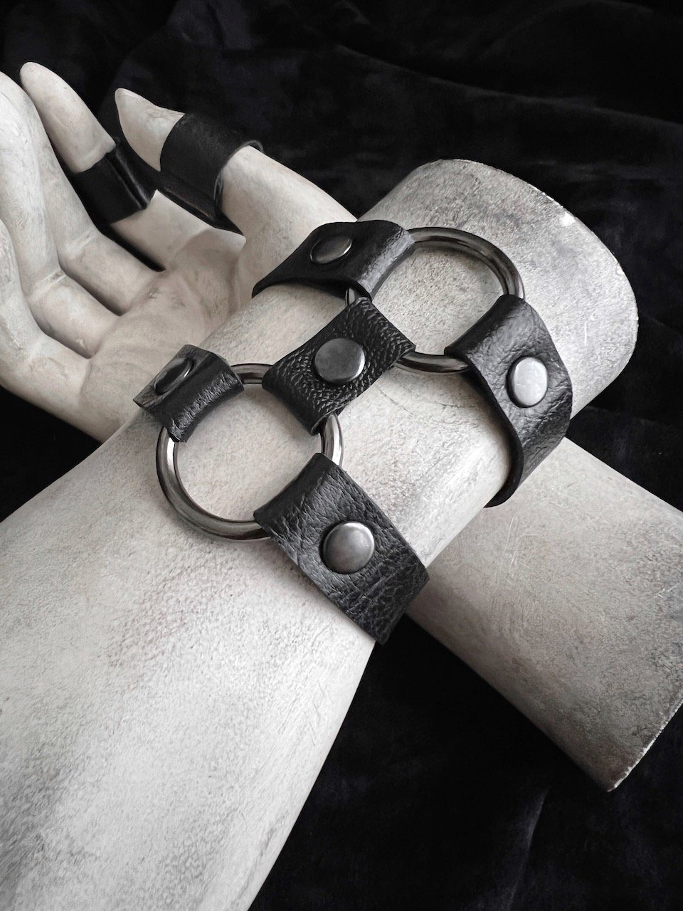 1/2" Wide Two Strap Black Vegan Leather Cuffs With Gunmetal O-Rings - Faux Leather Bracelets - Unisex Goth Faux Leather Black Arm Cuff Band