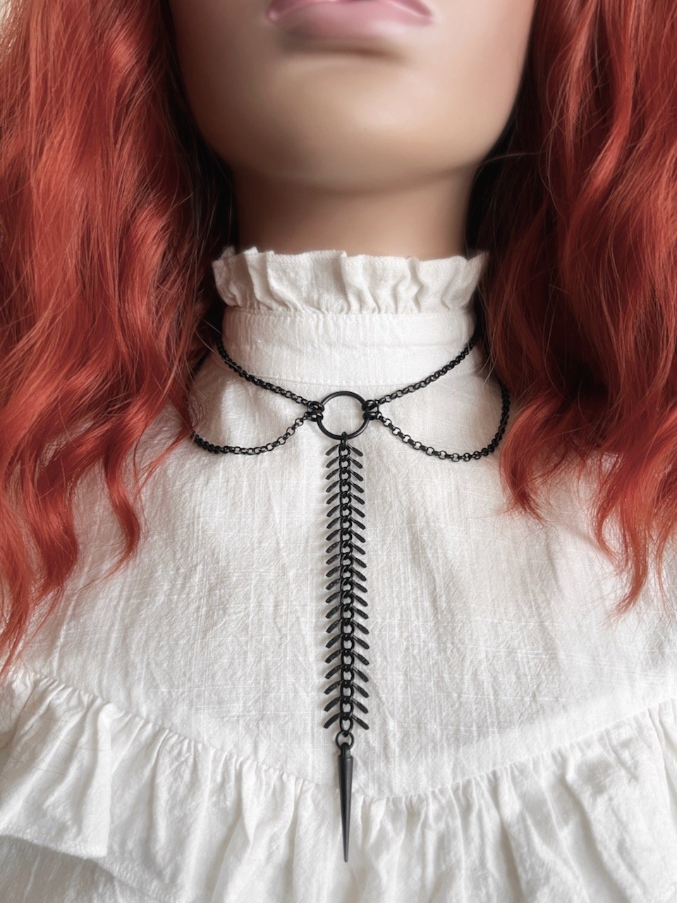 Blackened Vertabre matte black fish bone long pendant necklace 5.jpeg