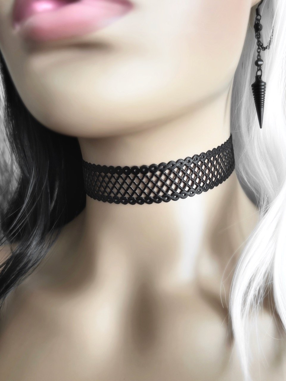 Black Fishnet Lace Ribbon Choker Necklace - Wide Gothic Victorian Mesh Collar