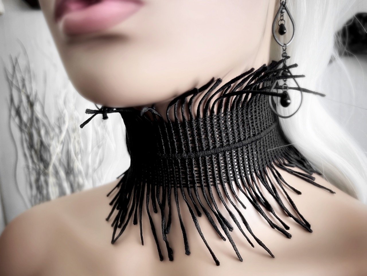 Avant Garde Extra Wide Black Lace Collar - Feather Fringe Gothic Choker - Victorian Mourning Necklace