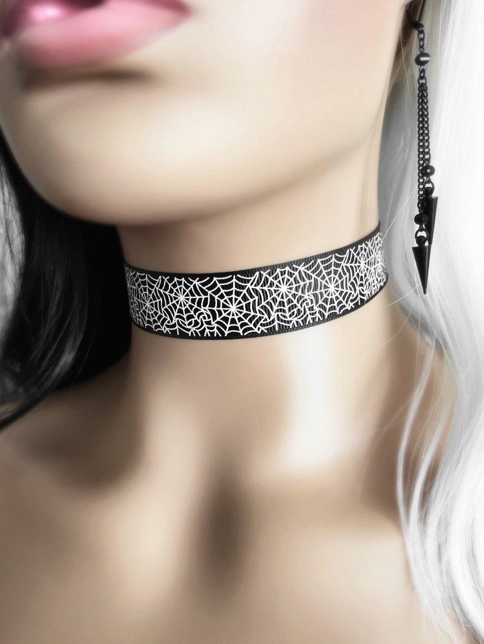 Black & White Spider Web Choker - Cobweb Halloween Wide Ribbon Collar Necklace