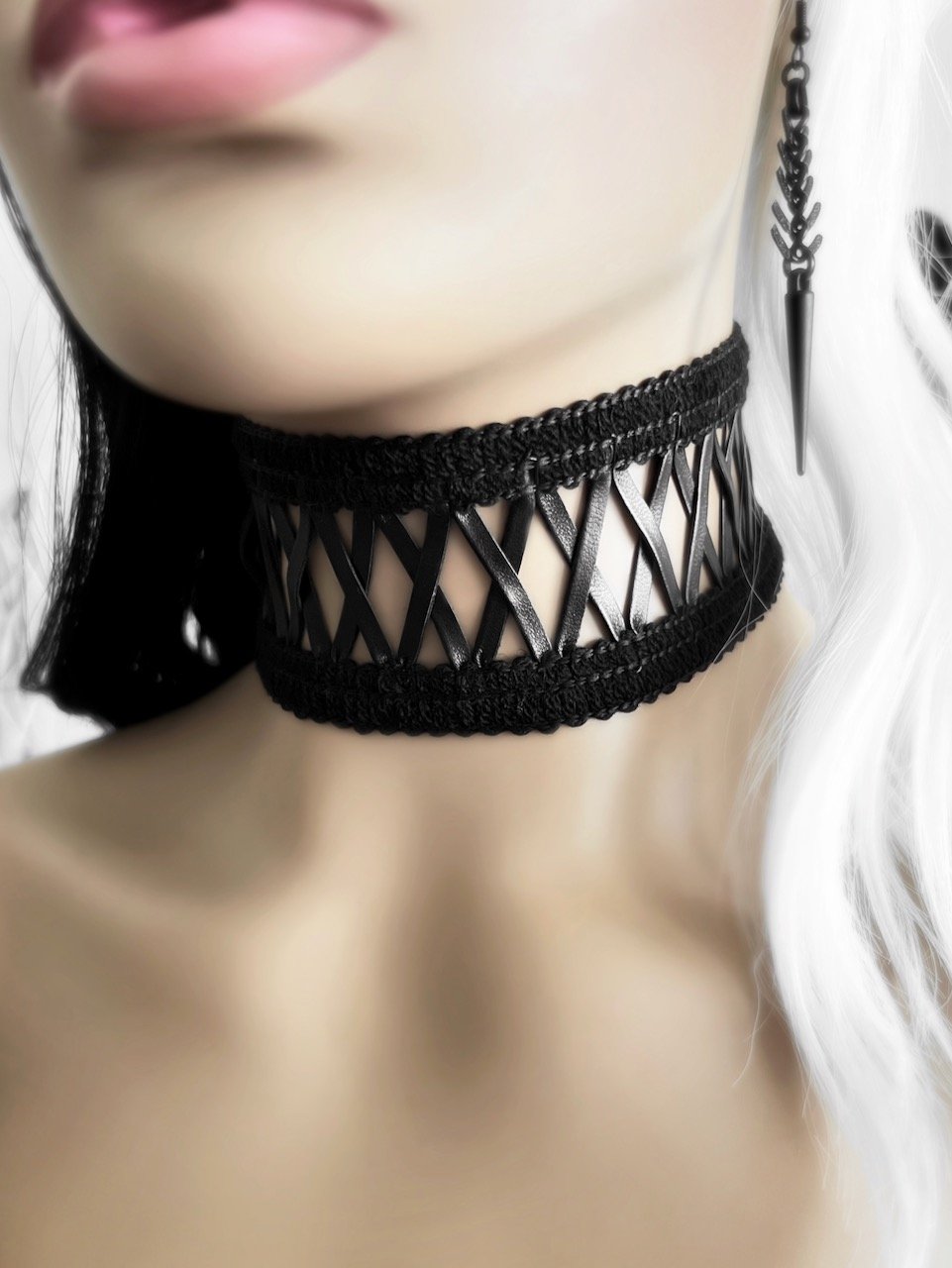Extra Wide Black Faux Leather Lace Up Choker Necklace - Goth Crossed x Cutout Collar