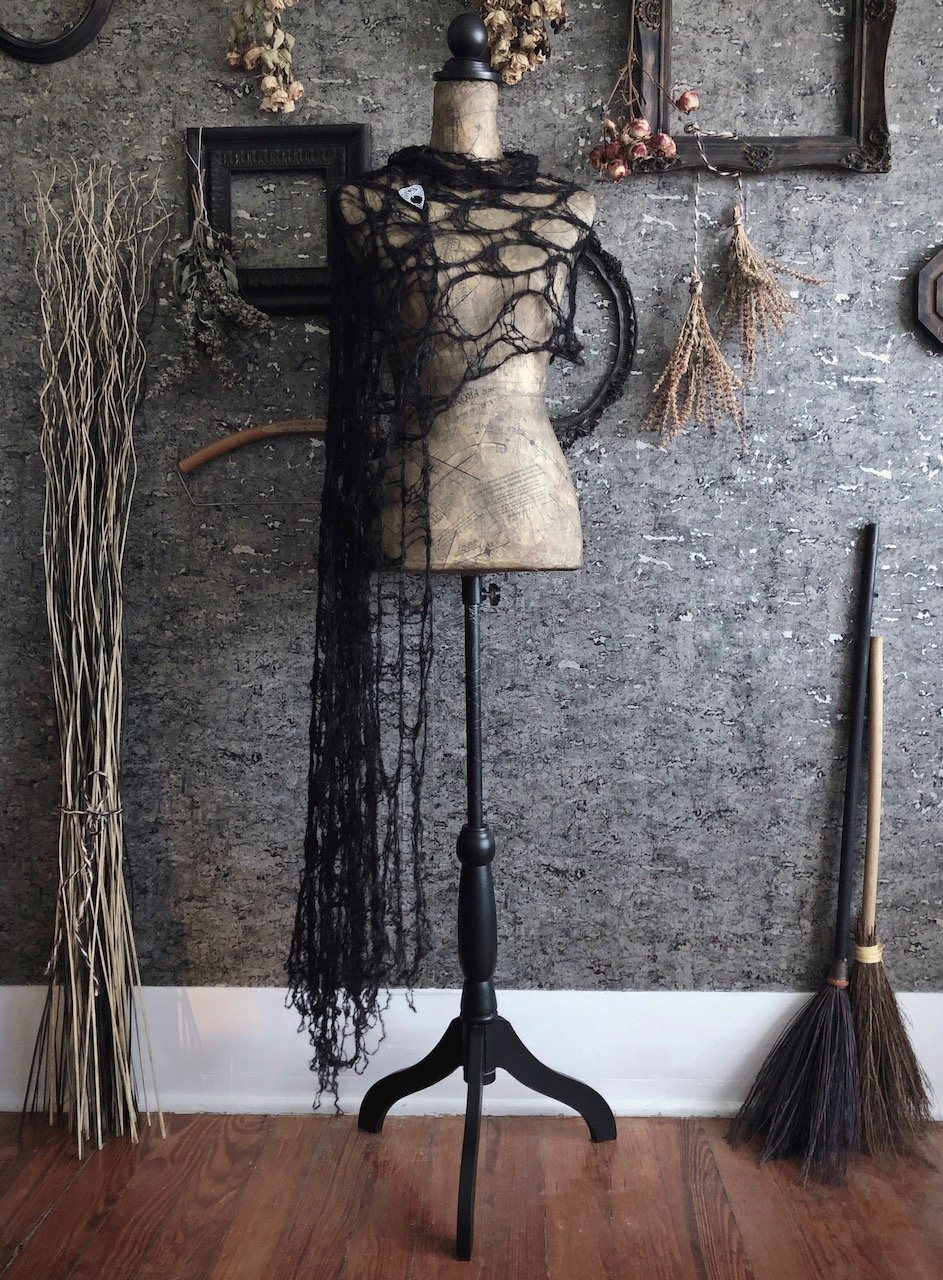 Widow's Web Scarf - Goth Black Knit Cobweb Shawl - Long Tattered Gothic Summer Wrap - Silk and Alpaca Spiderweb Stole - Victorian Mourning 4.jpeg