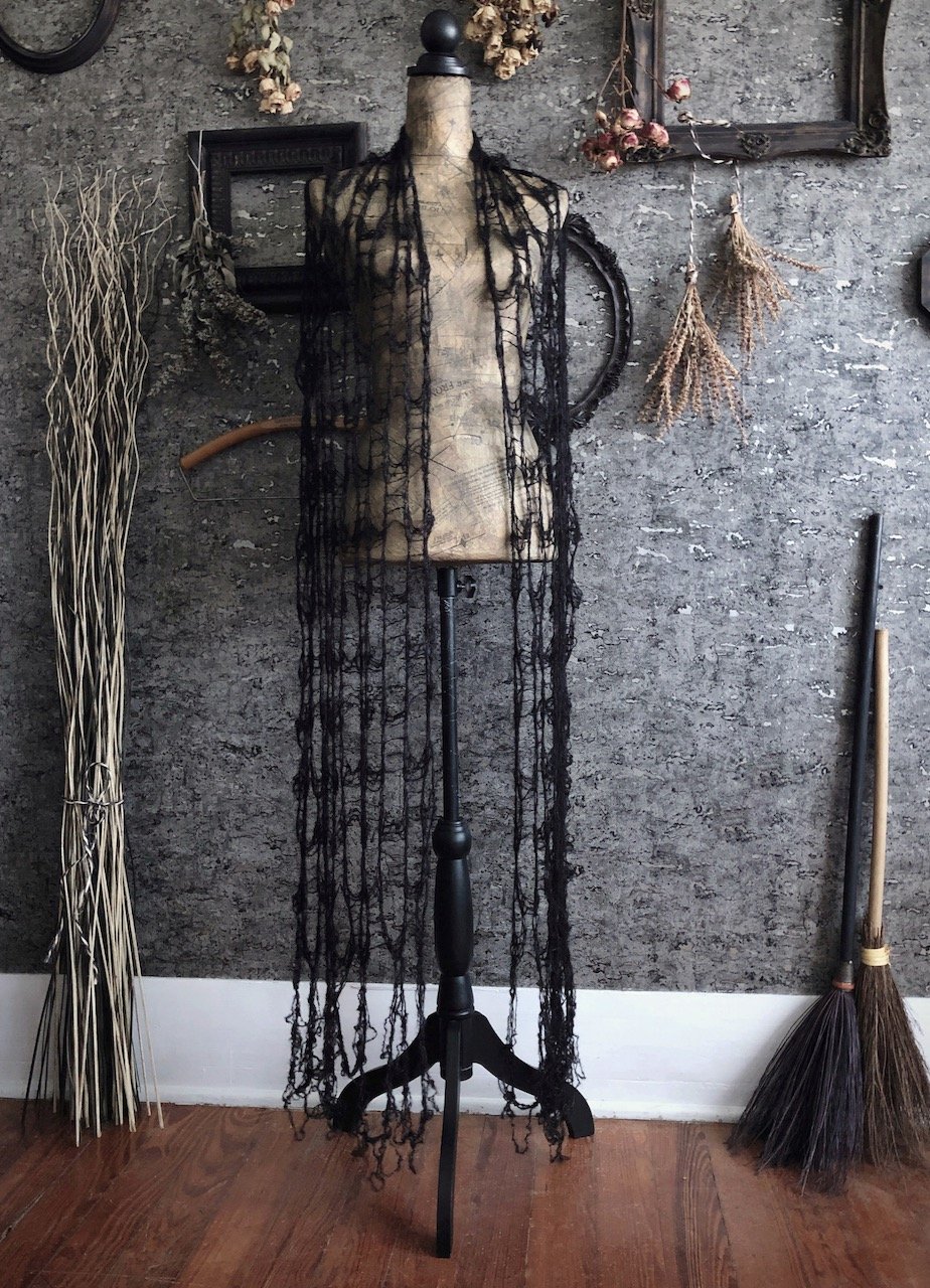 Widow's Web Scarf - Goth Black Knit Cobweb Shawl - Long Tattered Gothic Summer Wrap - Silk and Alpaca Spiderweb Stole - Victorian Mourning 5.jpeg
