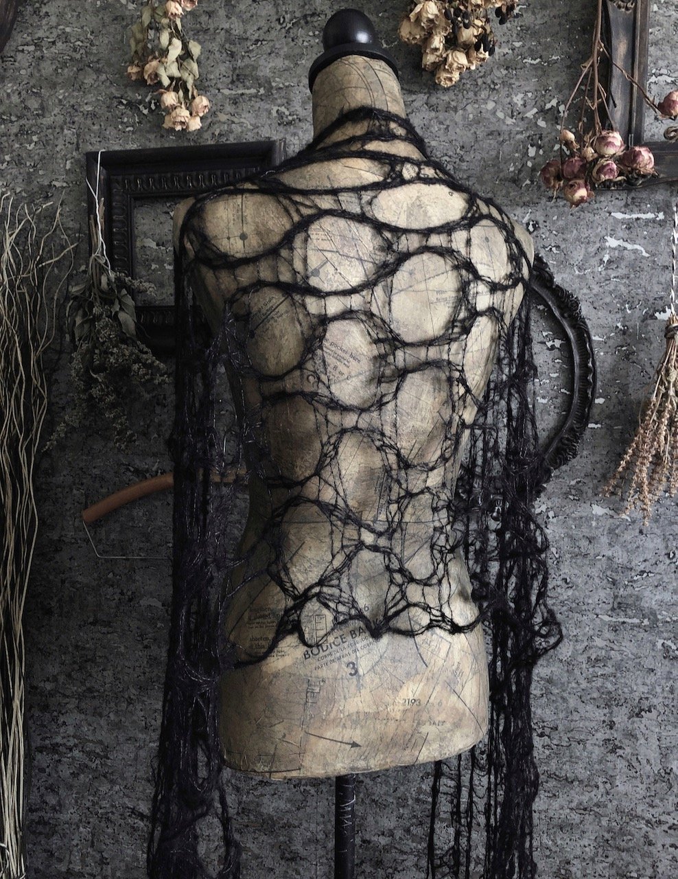 Widow's Web Scarf - Goth Black Knit Cobweb Shawl - Long Tattered Gothic Summer Wrap - Silk and Alpaca Spiderweb Stole - Victorian Mourning 6.jpeg
