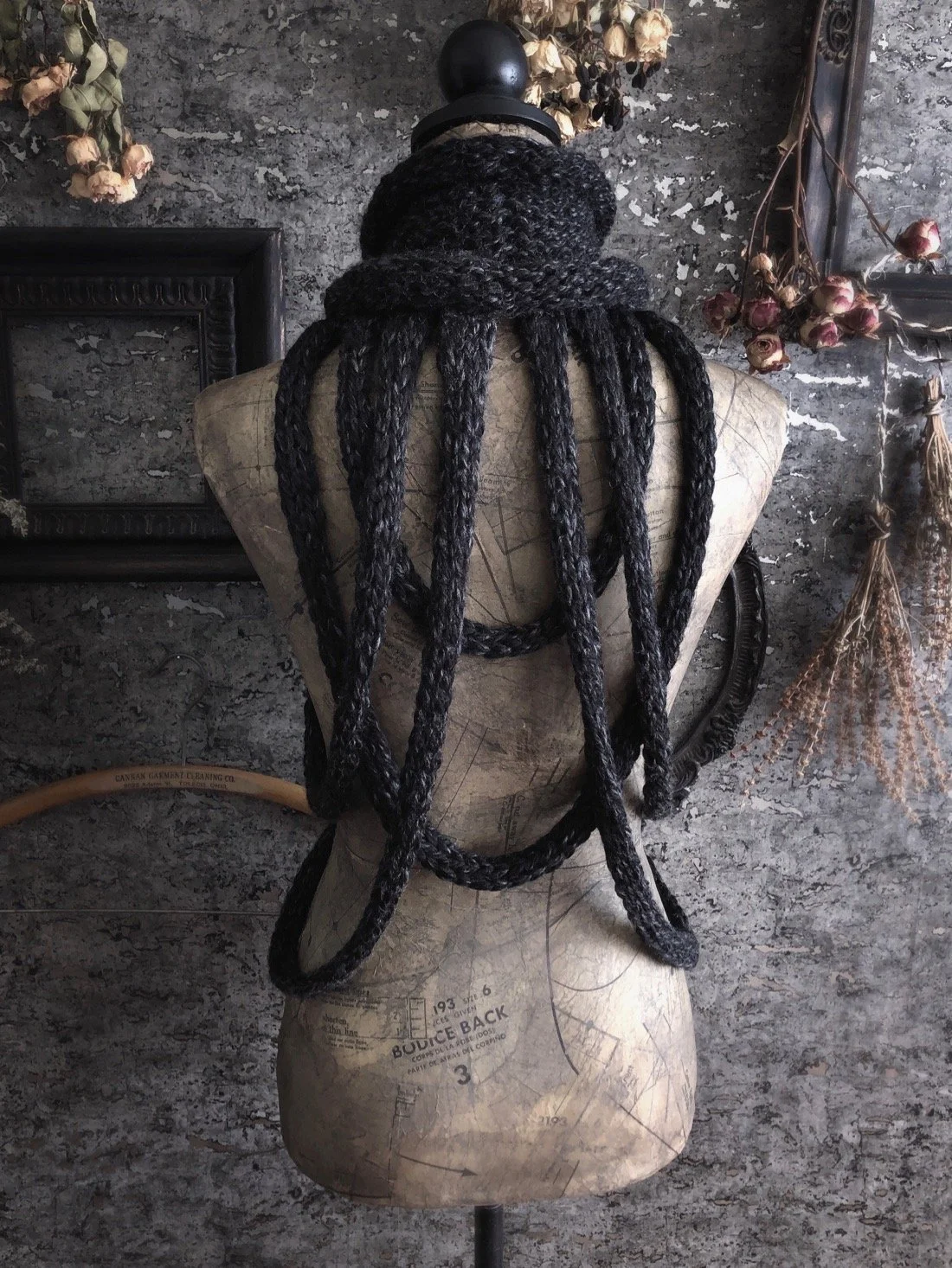 anthracite black octopus tentacle loopy harness knit cowl 1.jpg