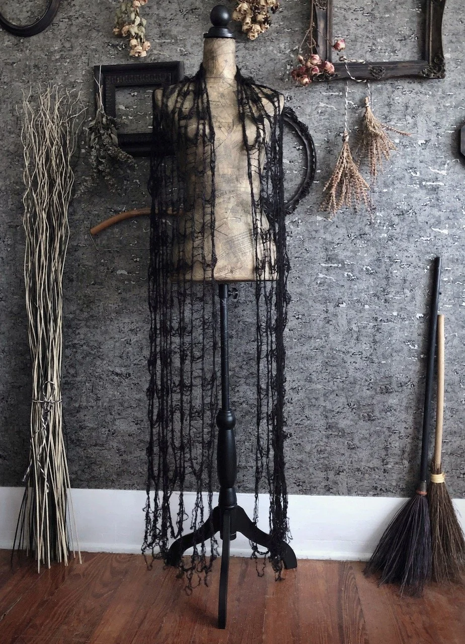 Widow's Web Scarf - Goth Black Knit Cobweb Shawl - Long Tattered Gothic Summer Wrap - Silk and Alpaca Spiderweb Stole - Victorian Mourning 5.jpeg