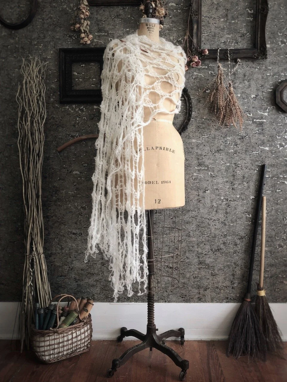 Widow's Web Scarf - Goth Black Knit Cobweb Shawl - Long Tattered Witch Autumn Wrap - Silk and Alpaca Spiderweb Stole - Victorian Mourning