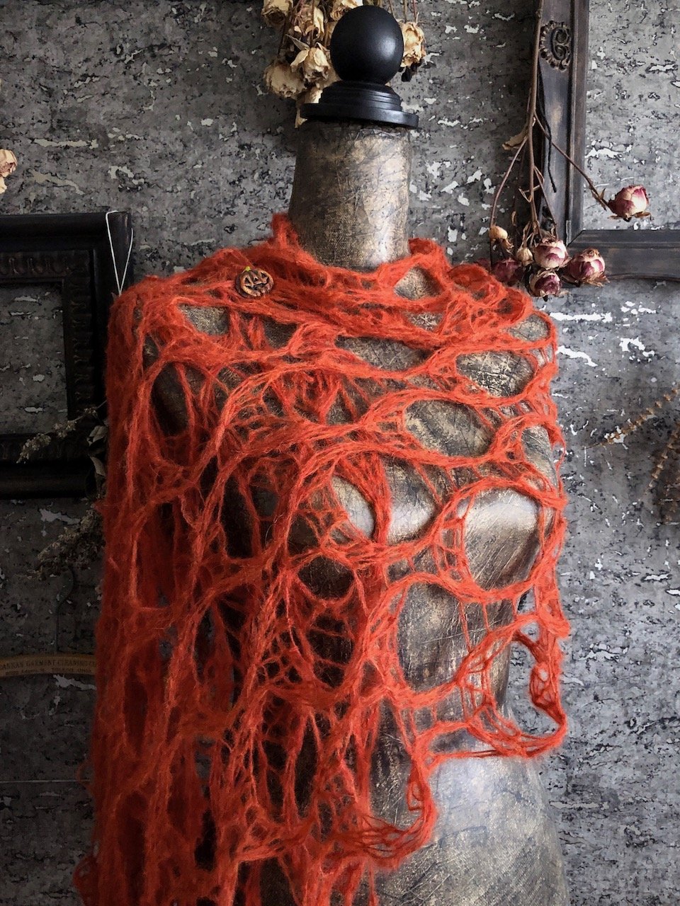 Pumpkin Spice Widow's Web Scarf - Gothic Knit Cobweb Shawl - Long Tattered Goth Autumn Wrap - Witchy Spiderweb Stole - Halloween Accessory