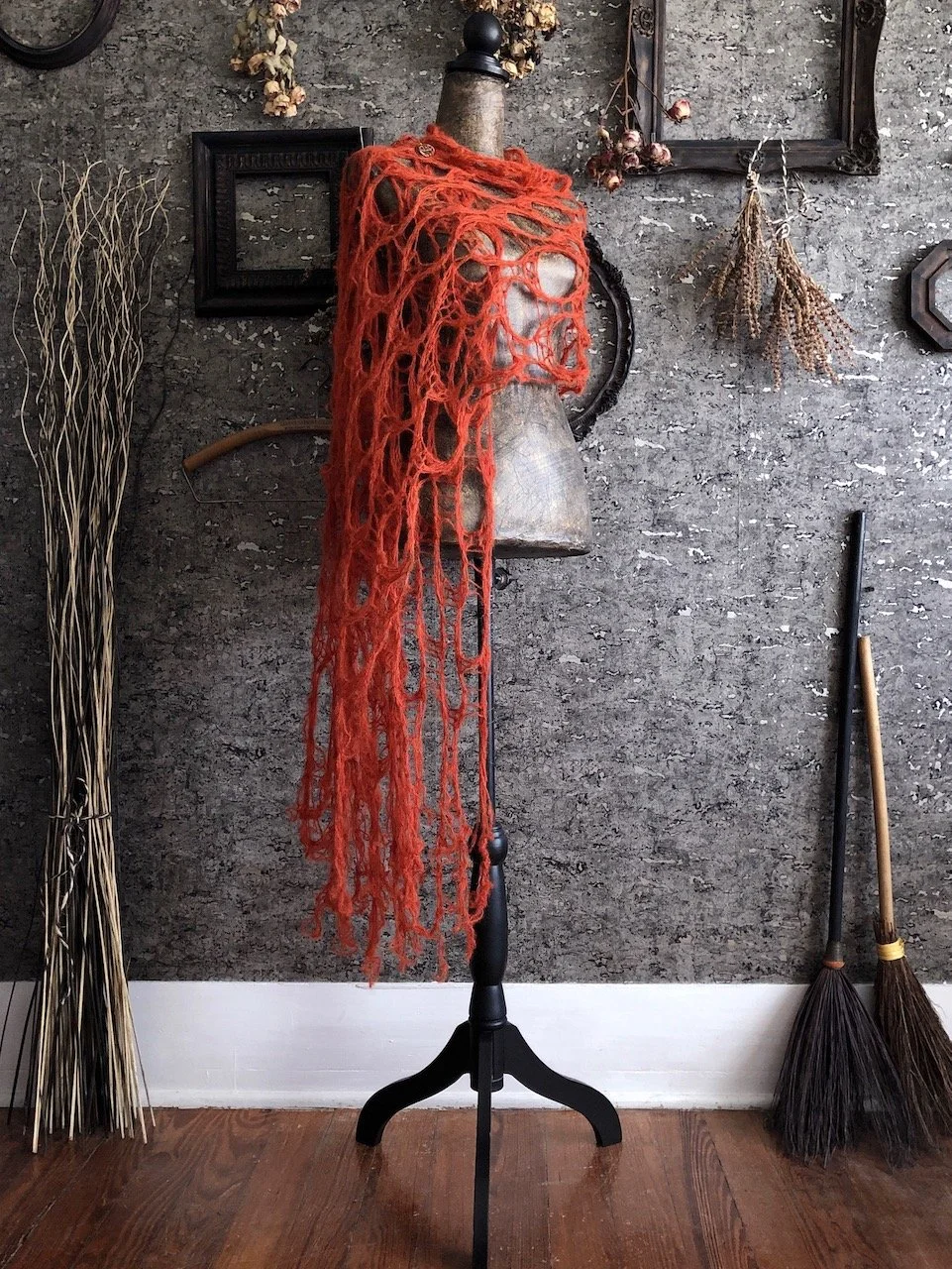 Pumpkin Spice Widow's Web Scarf - Gothic Knit Cobweb Shawl - Long Tattered Goth Autumn Wrap - Witchy Spiderweb Stole - Halloween Accessory