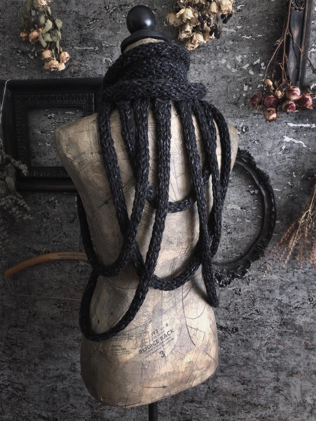 anthracite black octopus tentacle loopy harness knit cowl 3.jpg
