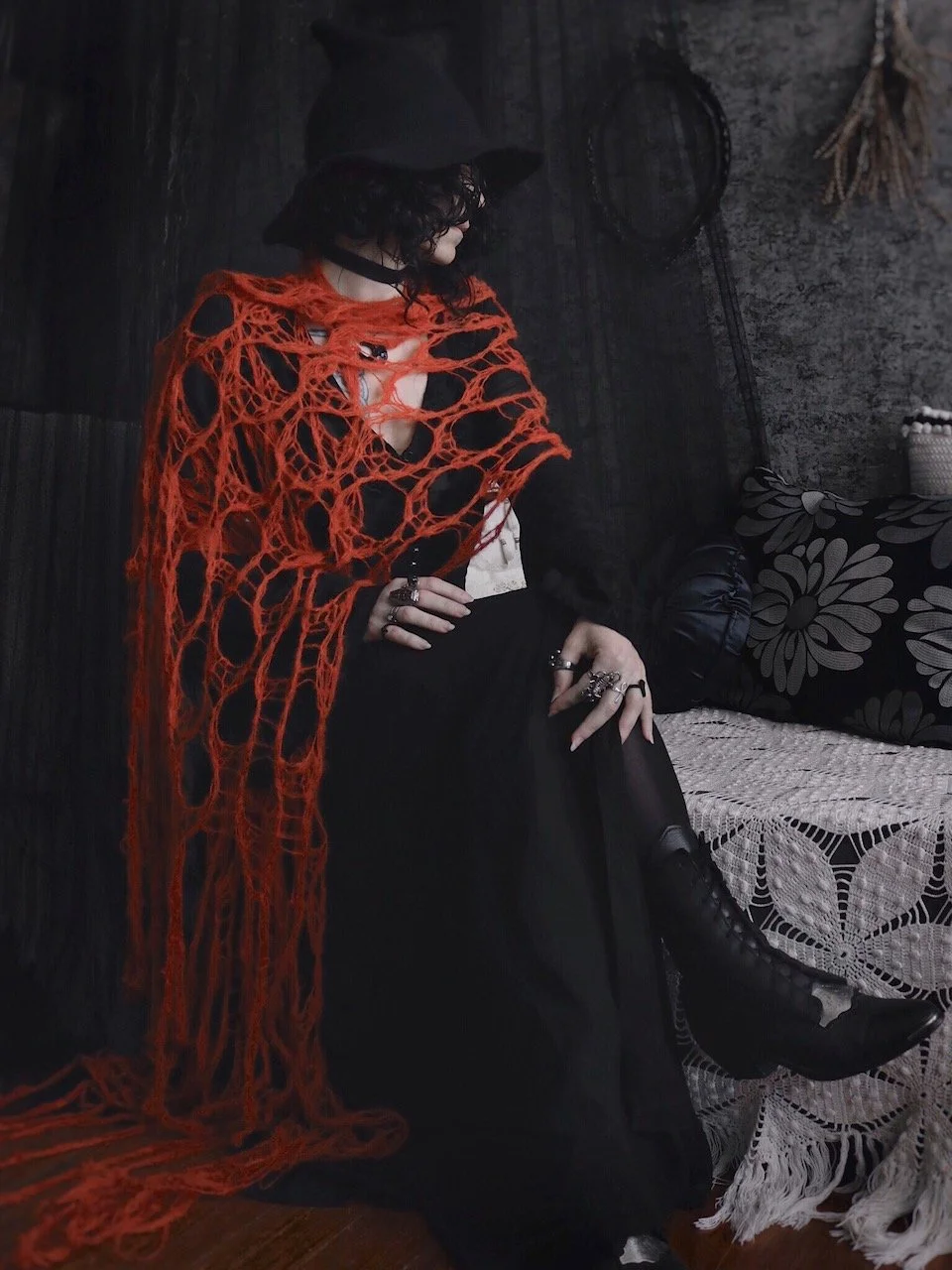 Widow's Web Scarf - Goth Black Knit Cobweb Shawl - Long Tattered Witch Autumn Wrap - Silk and Alpaca Spiderweb Stole - Victorian Mourning