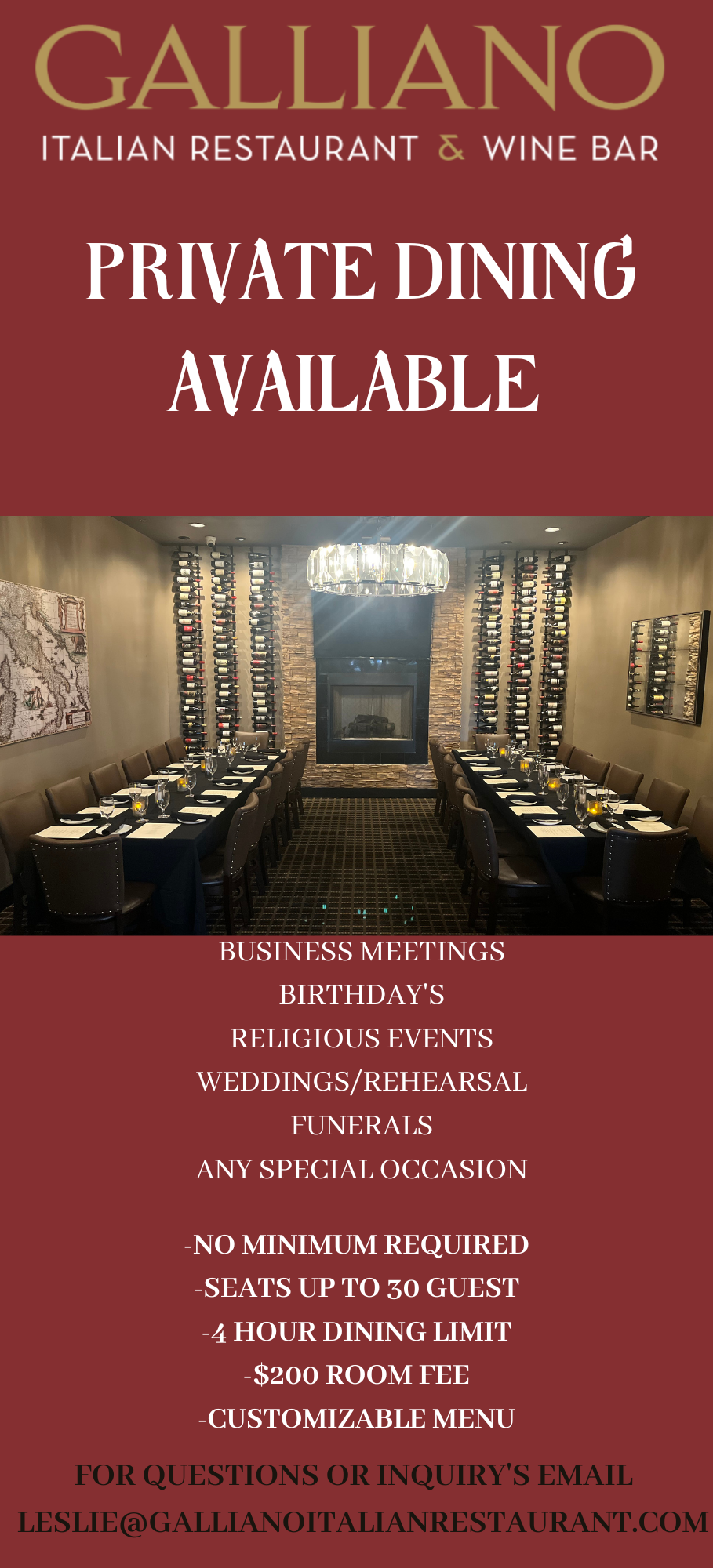 PRIVATE DINING — Galliano Italian Restaurant & Wine Bar