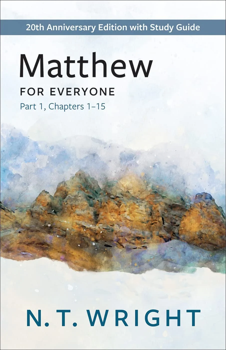 Book cover titled 'Matthew for Everyone' by N. T. Wright, featuring a watercolor painting of mountains.