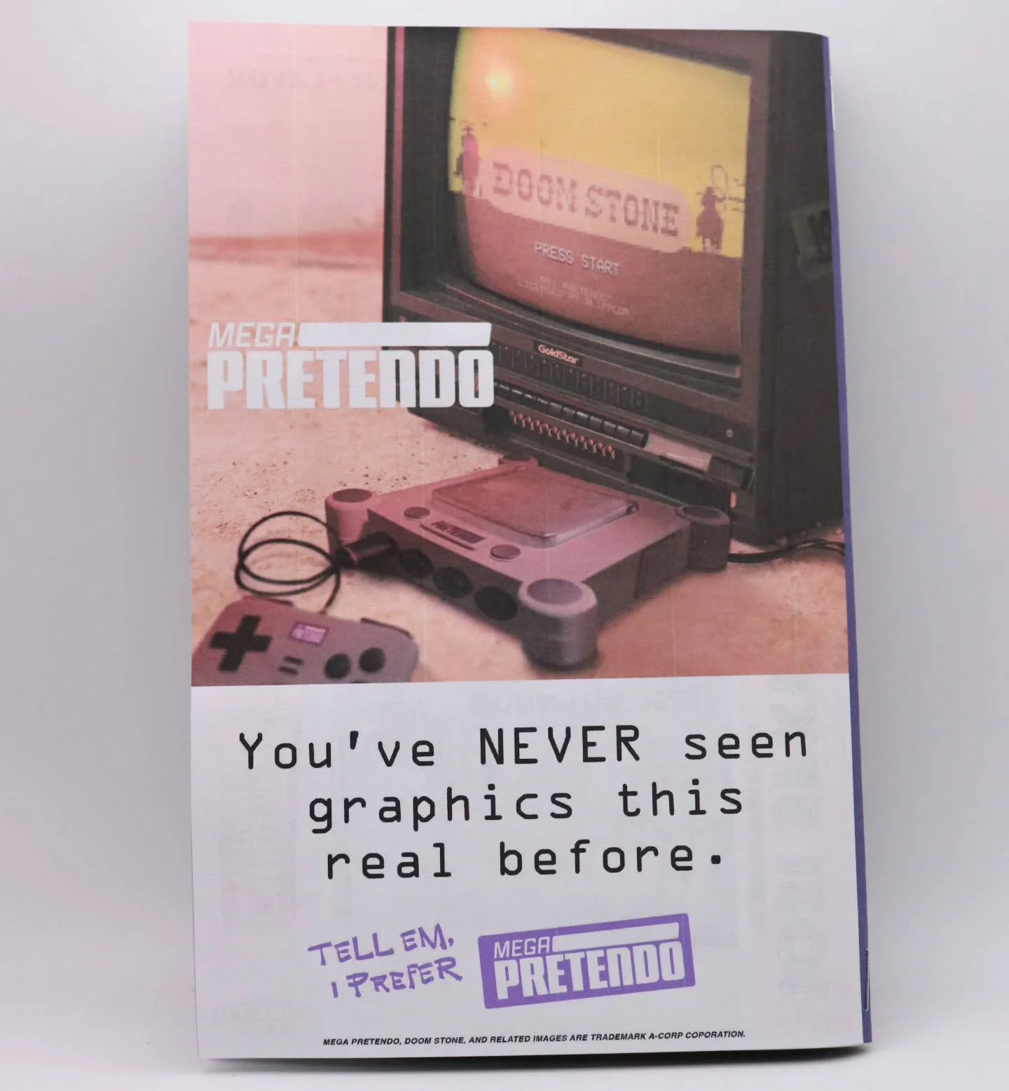 A-Corp might own everything, but their video game systems are hella sick.

You can read ads about them in my zines over on
TheSpime.com

You can also not read about them on TheSpime.com, so you've got options 

#zine
#pretendo
#spime
#design
#acorp