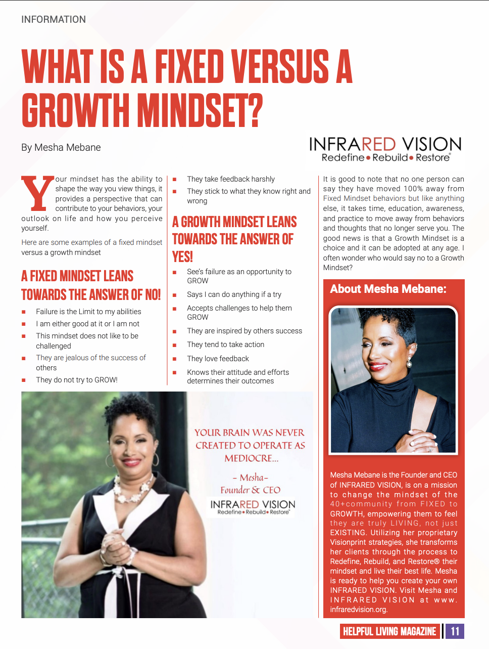 Page from HELPUL LIVING MAGAZINE discussing fixed versus growth mindsets, featuring a photo of Mesha Mebane, Founder and CEO of INFRARED VISION, with red headings and bullet points explaining mindset traits.