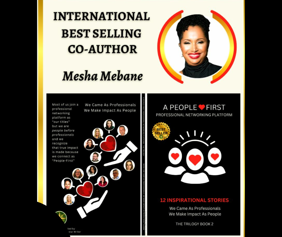 Cover of a book titled 'A People First' featuring a woman smiling. The cover highlights it as part of a trilogy with 12 inspirational stories and mentions the author, Mesha Mebane, who is an international best selling co-author.