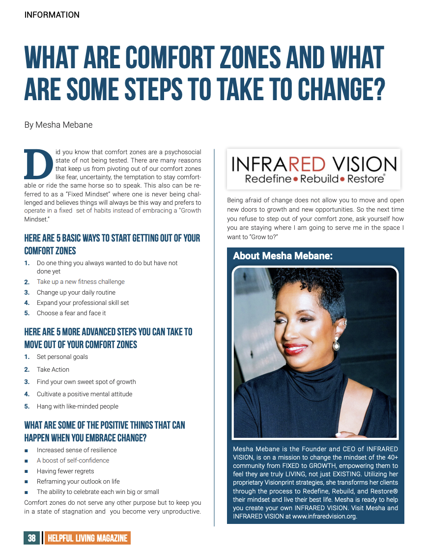 Page from magazine discussing comfort zones, steps to change, about Mesha Mebane, and infrared vision concepts.