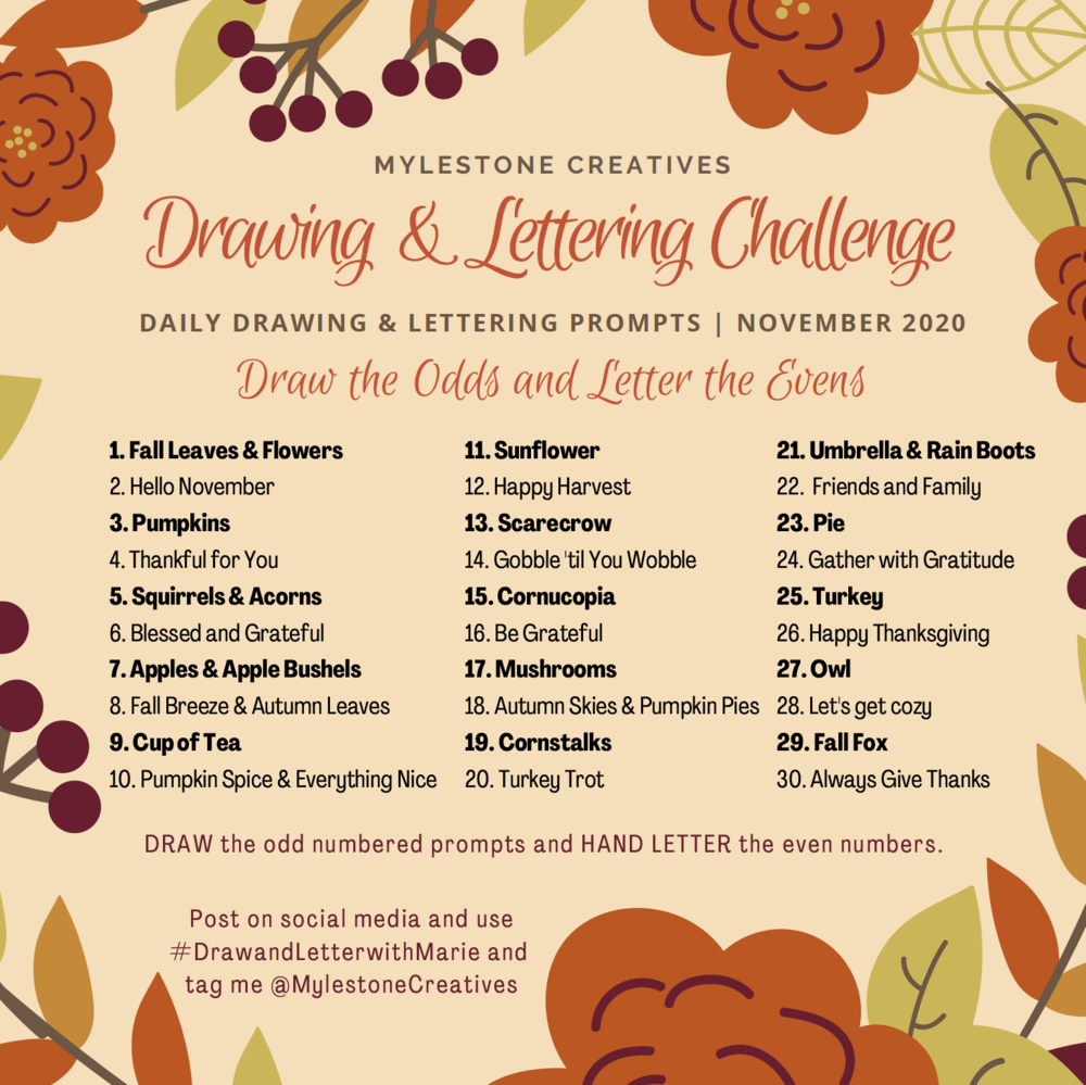 November Drawing Lettering Challenge Daily Checklist Mylestone Creatives
