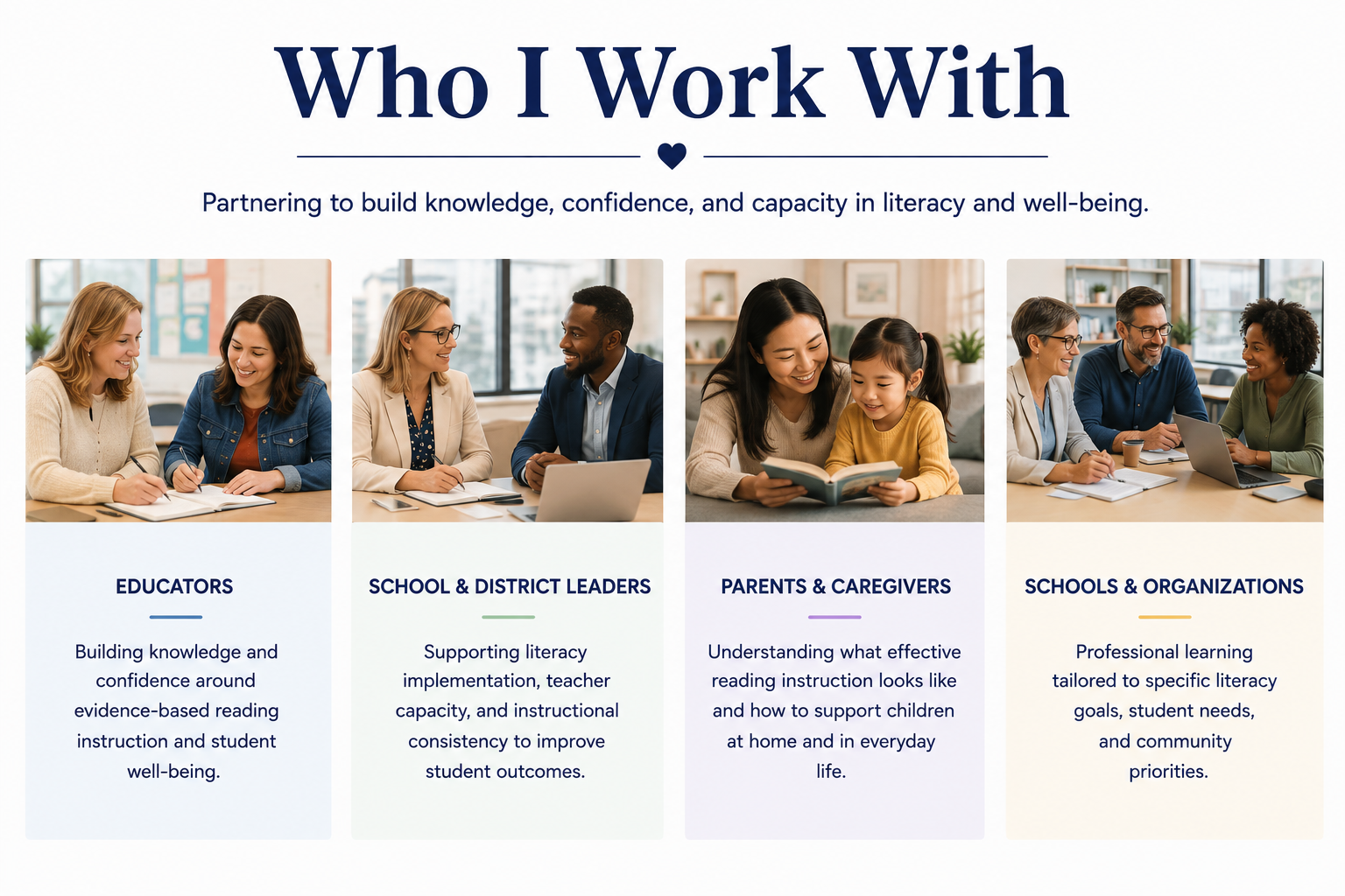 Who Lynn McLaughlin works with: educators, school and district leaders, parents and caregivers, schools and organizations.
