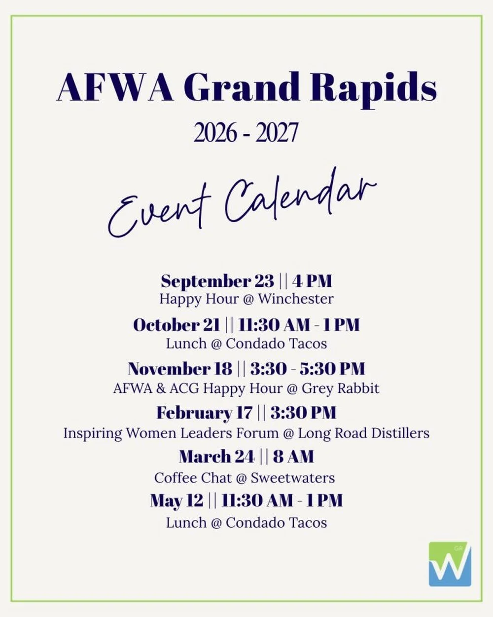 📅 Mark your calendars!

Our official 2026&ndash;2027 event calendar is here! 🎉 We&rsquo;re so excited for another great year of connecting, learning, and building relationships with the AFWA Grand Rapids community.

Save the dates and join us at ou