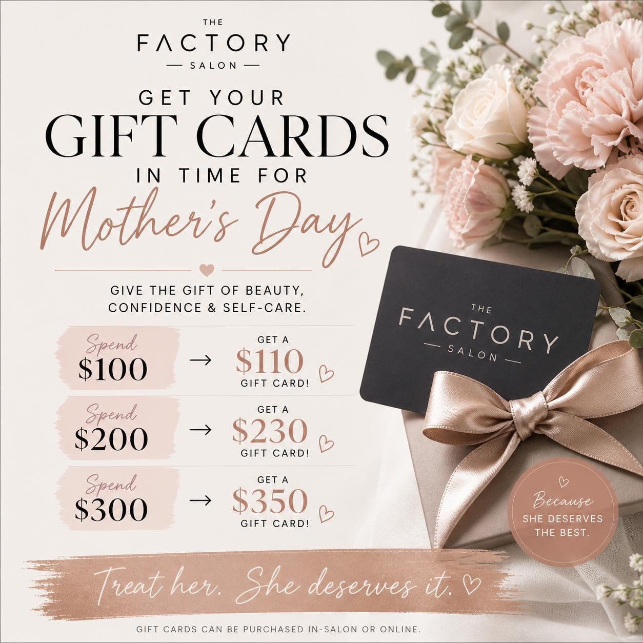 💐Mother&rsquo;s Day Alert 💐 Sunday, May 10, 2026

This Mother&rsquo;s Day, let us help you make your Mom feel extra special. 😘🥰

Purchase your gift cards in-store or online: https://clients.mangomint.com/gift-cards/thefactory

#happymothersday #f