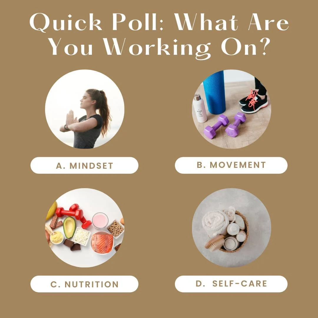 ✨ Quick Check-In ✨

Which area do you need the most support with right now?

💭 Mindset &ndash; motivation, confidence, consistency
🥗 Nutrition &ndash; meals, macros, balance, energy
🏃&zwj;♀️ Movement &ndash; workouts, strength, staying active
🛁 S