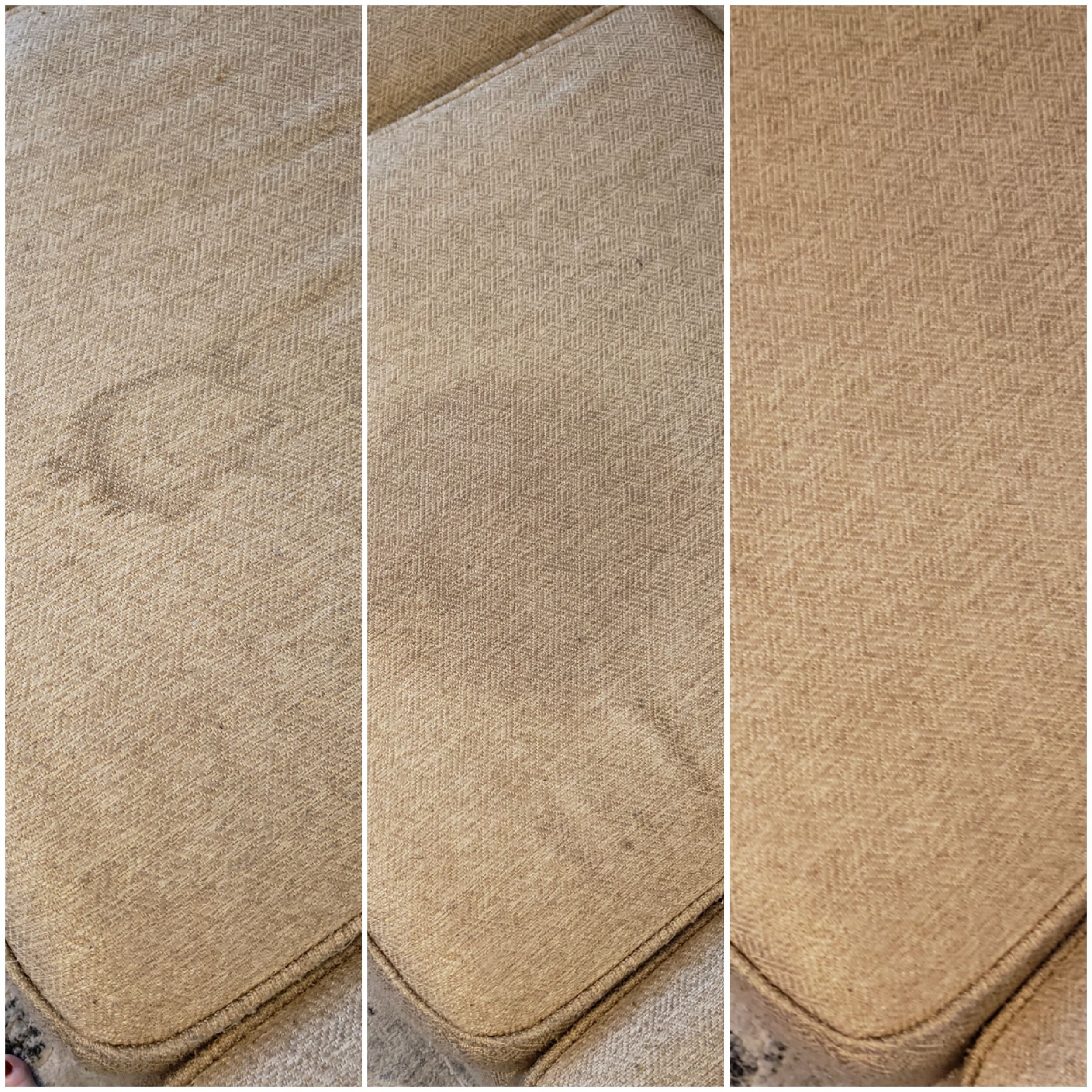 Before, During, and After of our customer's couch using CitruSolution. 