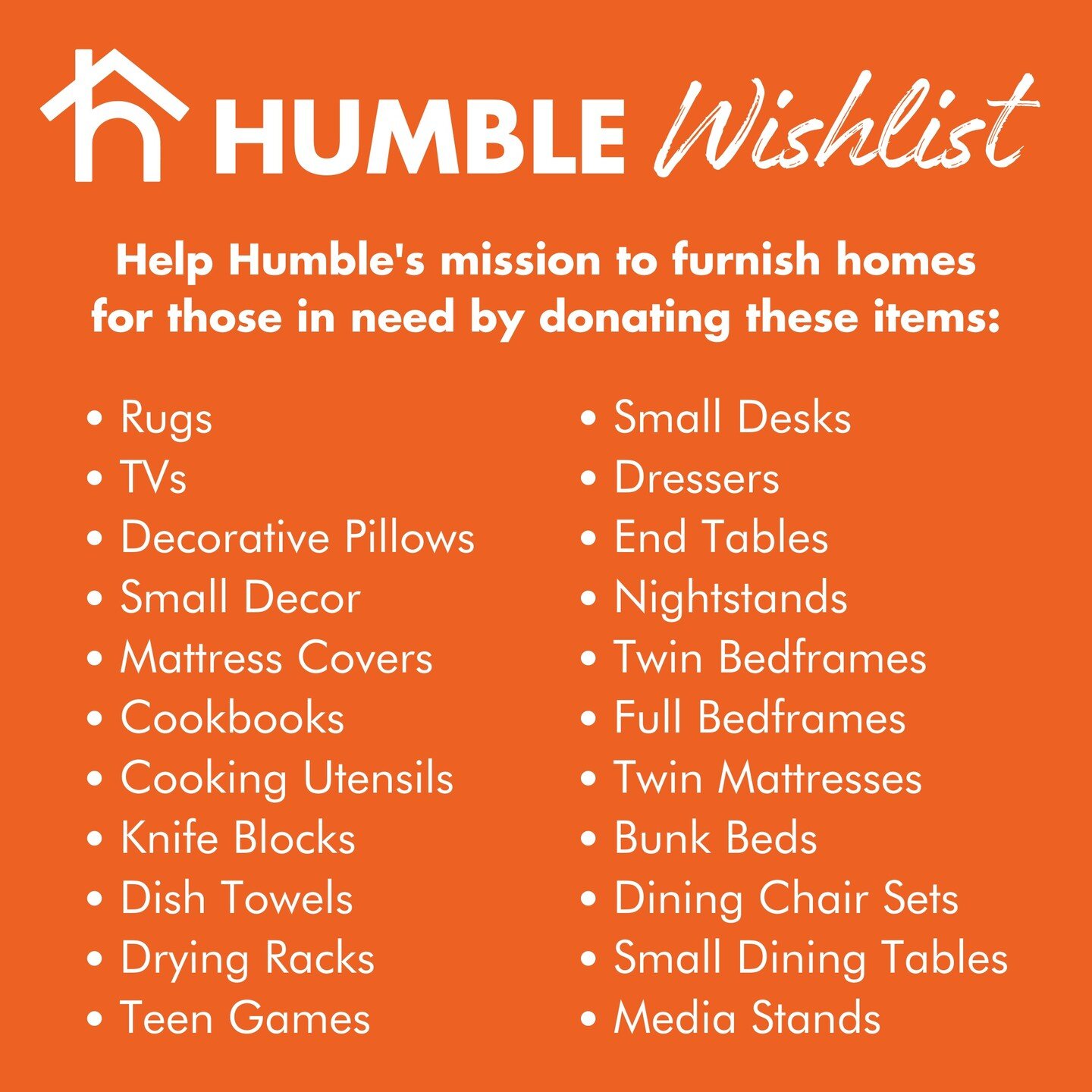 🧡 Wishlist Wednesday 🧡

We rely 100% on our amazing community to donate the items we use in our clients' homes. We couldn't do what we do without YOU! 

If you have items to donate, please send photos and a list of everything through our website li