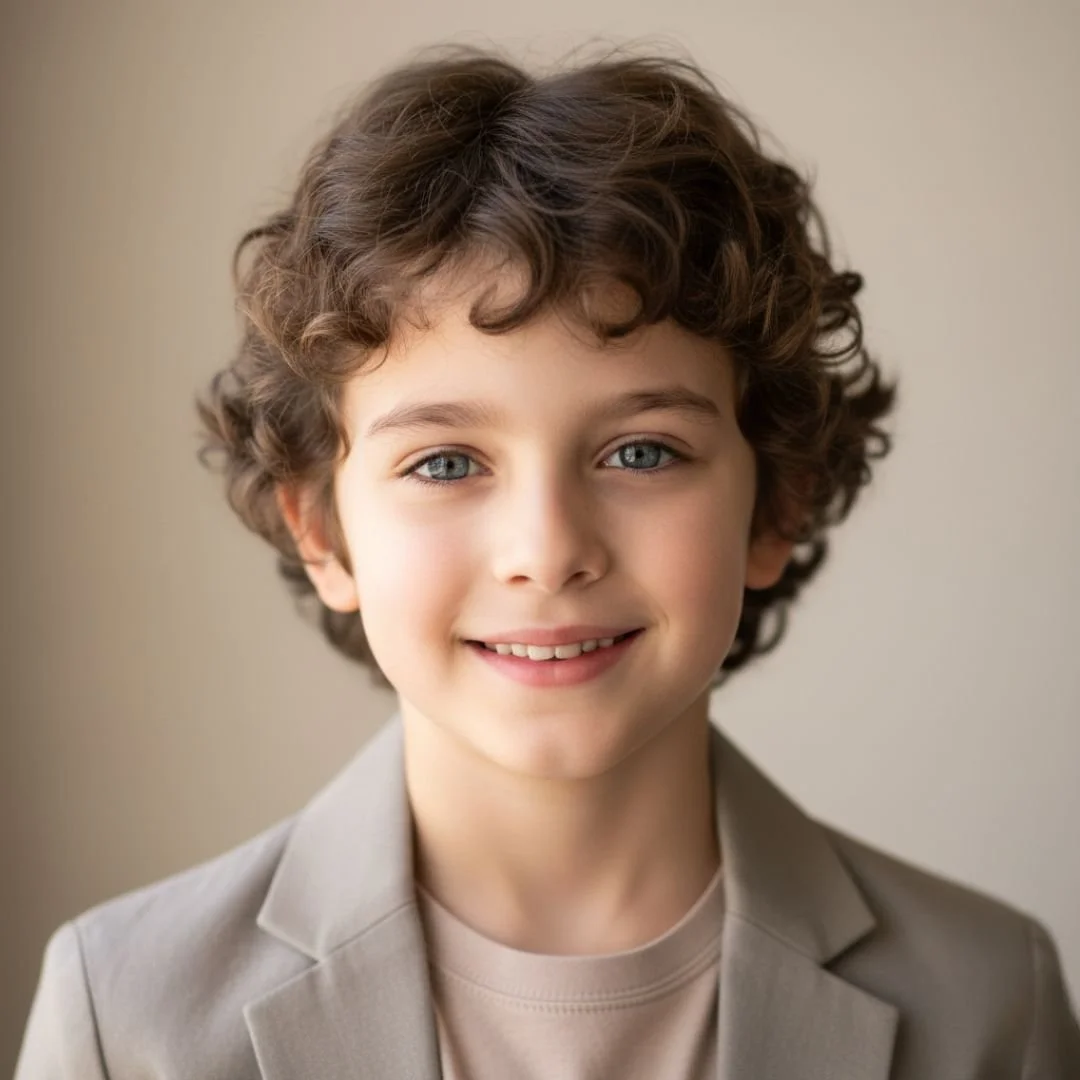 Child actor posing for a professional headshot with soft lighting