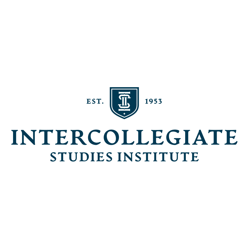 Logo of Intercollegiate Studies Institute with a shield emblem, established in 1953, featuring text in blue that reads 'Intercollegiate Studies Institute'.