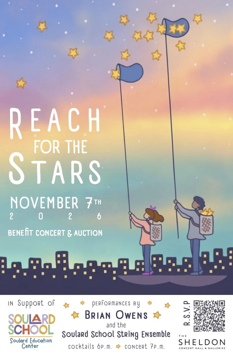 Reach for the Stars event poster with pastel colors and two students catching stars with nets so long they reach the sky. Event features Brian Owens and also the Soulard School String Ensemble.