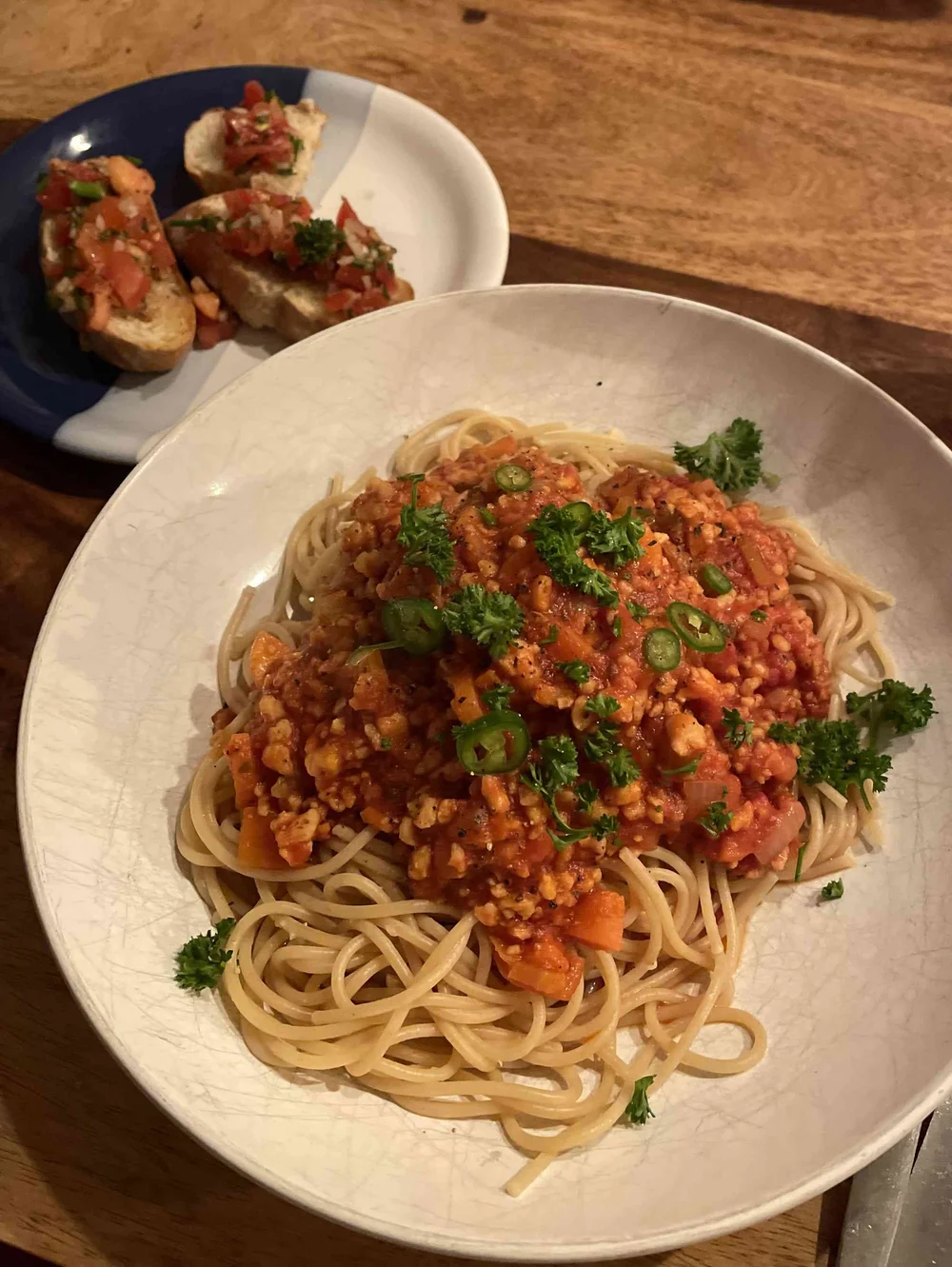 vegan spelt spaghetti bolognese with soy granules