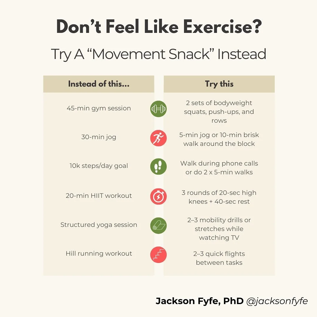 Those days when exercise feels like a monumental task? 😫 We&rsquo;ve all been there! ⁣
⁣
Instead of feeling guilty and pressured, consider trying movement snacks. These are simply short, easy bursts of activity that fit right into your day. ⁣
⁣
It c