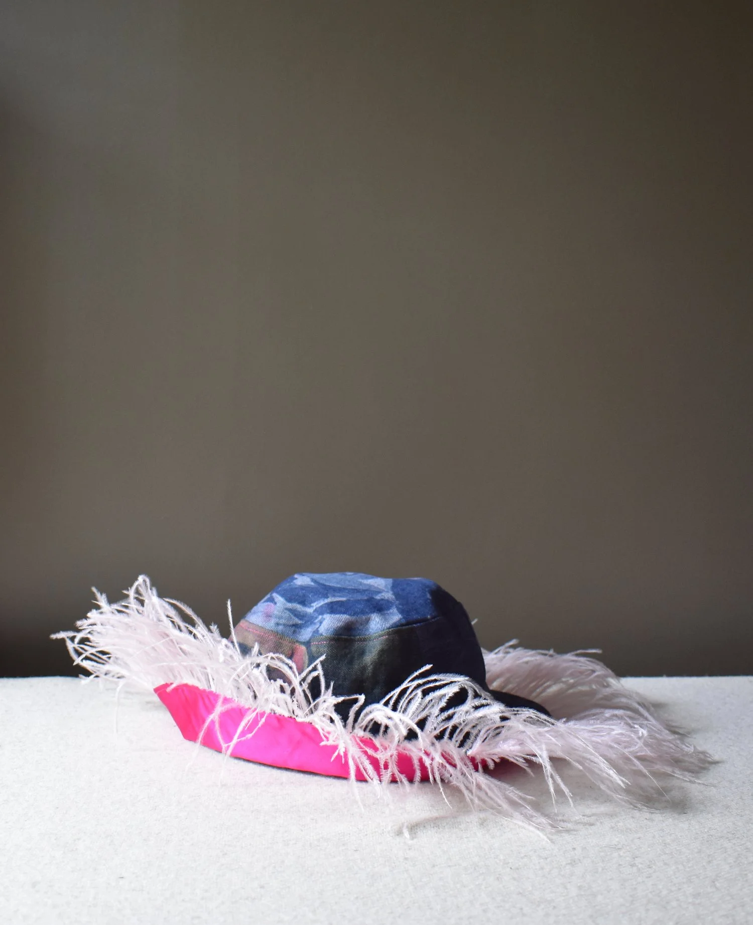 Feather Bucket Hat, Denim & Pink
