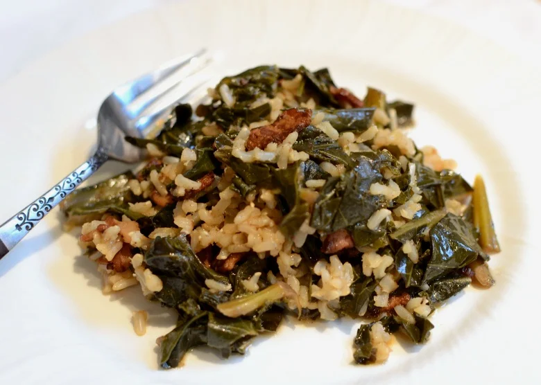 Beer Braised Kale, Collard Greens and Brown Rice