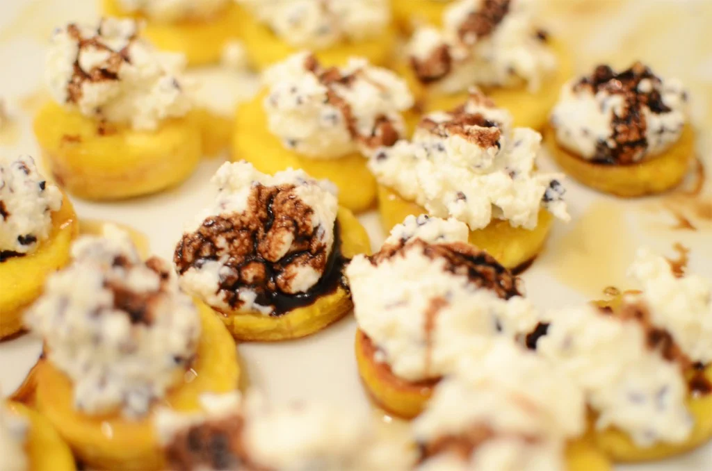Caramelized Plantains with Honey, Ricotta and Cocoa Nibs